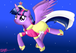 Size: 786x558 | Tagged: safe, alternate version, artist:maverickmam, derpibooru import, twilight sparkle, twilight sparkle (alicorn), alicorn, pony, princess twilight sparkle (episode), big crown thingy, clothes, dress, element of magic, female, flying, hoof shoes, jewelry, mare, night, regalia, signature, solo, stars