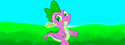 Size: 1051x384 | Tagged: safe, artist:maverickmam, derpibooru import, spike, dragon, grass, male, outdoors, smiling, solo