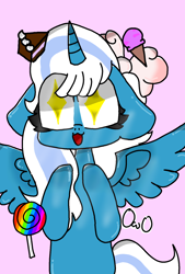 Size: 1200x1770 | Tagged: safe, artist:waffleplayer248, derpibooru import, oc, oc:fleurbelle, alicorn, alicorn oc, bow, cake, candy, female, food, hair bow, horn, ice cream, lollipop, mare, owo, pink background, simple background, starry eyes, wingding eyes, wings