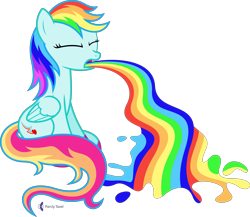 Size: 4607x4000 | Tagged: safe, alternate version, artist:parclytaxel, derpibooru import, oc, oc only, oc:rainbowfire, pegasus, pony, .svg available, absurd resolution, alternate cutie mark, commission, eyes closed, female, mare, puking rainbows, rainbow, simple background, sitting, solo, transparent background, vector, vomit, vomiting