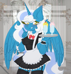 Size: 1214x1270 | Tagged: safe, artist:ramufuu, derpibooru import, oc, oc:fleurbelle, alicorn, anthro, alicorn oc, apron, bell, bell collar, blushing, bow, cherry, clothes, collar, cuffs (clothes), ear fluff, female, food, frilly, golden eyes, horn, maid, maid headdress, mare, milkshake, serving, serving tray, socks, sprinkles, suspenders, thigh highs, wings
