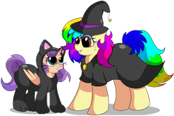 Size: 6900x4600 | Tagged: safe, artist:rainbowtashie, derpibooru import, scootaloo, sweetie belle, oc, oc:rainbow tashie, oc:sweet scooter, earth pony, pegasus, pony, unicorn, animal costume, black cat, butt, cat costume, clothes, commissioner:bigonionbean, costume, extra thicc, female, filly, flank, fusion, fusion:sweet scooter, halloween, halloween costume, hat, holiday, mare, not an alicorn, plot, simple background, transparent background, witch, witch hat, writer:bigonionbean