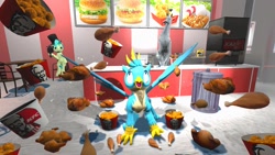 Size: 1280x720 | Tagged: safe, artist:horsesplease, derpibooru import, gallus, sandbar, bird, chicken, unicorn, 3d, chicken meat, euphoria, food, fried chicken, gallus the rooster, gmod, happy, heaven, kfc, meat, stupid, vulgar description