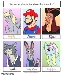 Size: 960x1098 | Tagged: safe, artist:corwolf, derpibooru import, derpy hooves, kerfuffle, anthro, human, pegasus, pony, rabbit, wolf, aladdin, animal, beastars, bust, clothes, crossover, female, hat, jafar, judy hopps, legosi (beastars), male, mare, mario, necktie, paws, police uniform, six fanarts, super mario bros., underpaw, zootopia