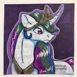 Size: 1080x1075 | Tagged: safe, artist:stargazerseven, derpibooru import, princess celestia, alicorn, pony, bust, curved horn, female, horn, jewelry, mare, peytral, solo, tiara, traditional art