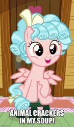 Size: 500x864 | Tagged: safe, derpibooru import, edit, edited screencap, screencap, cozy glow, pegasus, pony, marks for effort, animal crackers in my soup, caption, cozybetes, cropped, cute, female, filly, foal, freckles, image macro, looking at you, shirley temple, solo, song reference, stool, text