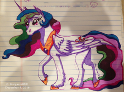 Size: 1560x1160 | Tagged: safe, artist:stargazerseven, derpibooru import, princess celestia, alicorn, pony, female, hoof shoes, lined paper, mare, peytral, raised tail, solo, tail, traditional art
