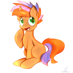 Size: 1400x1400 | Tagged: safe, artist:almaustral, derpibooru import, oc, oc only, earth pony, pony, :d, earth pony oc, raised hoof, signature, simple background, sitting, smiling, solo, white background