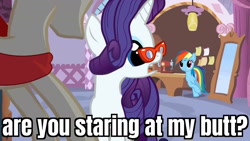 Size: 1280x720 | Tagged: safe, derpibooru import, edit, edited screencap, screencap, rainbow dash, rarity, pegasus, pony, unicorn, suited for success, art of the dress, caption, glasses, image macro, text