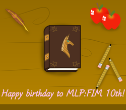 Size: 1280x1120 | Tagged: safe, derpibooru import, apple, book, food, happy birthday mlp:fim, mlp fim's tenth anniversary, pencil, text