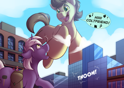 Size: 4093x2894 | Tagged: safe, artist:sugaryviolet, derpibooru import, oc, oc:city sweep, oc:drawbridge, oc:sugary violet, pony, absurd resolution, building, city, descriptive noise, detailed background, dialogue, duo focus, giant earth pony, giant pony, giant unicorn, macro, mega giant, open mouth, raised hoof, size difference