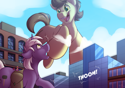 Size: 4093x2894 | Tagged: safe, alternate version, artist:sugaryviolet, derpibooru import, oc, oc:city sweep, oc:drawbridge, oc:sugary violet, pony, building, city, descriptive noise, detailed background, duo focus, giant earth pony, giant pony, giant unicorn, macro, mega giant, open mouth, raised hoof, size difference