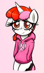 Size: 1030x1684 | Tagged: safe, artist:jetwave, oc, oc only, oc:righty tighty, pony, unicorn, bipedal, clothes, female, floppy ears, gift art, heart, hoodie, horn, looking at you, mare, pink background, simple background, smiling