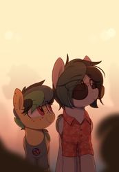 Size: 1106x1600 | Tagged: safe, artist:shinodage, oc, oc only, oc:apogee, oc:delta vee, pegasus, pony, aviators, clothes, cute, duo, ear freckles, eye clipping through hair, female, filly, freckles, glasses, hawaiian shirt, mare, mother and child, mother and daughter, parent and child, shirt, smiling, sunglasses, teenager, wings