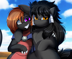 Size: 3215x2640 | Tagged: safe, artist:pridark, oc, oc only, oc:midnight radiance (sixpathspony), dragon, earth pony, pony, buddies, clothes, commission, duo, high res, hug, looking at you, smiling, unnamed oc