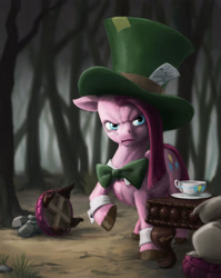 Size: 1720x2160 | Tagged: safe, artist:ponyhell, madame leflour, pinkie pie, rocky, earth pony, pony, party of one, alice in wonderland, angry, bow ties, bowtie, clothes, costume, cufflinks, cup, cutie mark, female, forest, forest background, hat, mad hatter, mad hatter hat, parody, pinkamena diane pie, scowl, solo, solo female, straight mane, table, tea party, teacup, top hat
