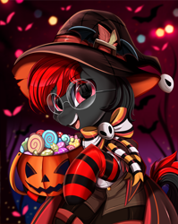 Size: 2550x3209 | Tagged: safe, artist:pridark, derpibooru import, part of a set, oc, oc:lucille, earth pony, pony, clothes, commission, female, halloween, hat, high res, holiday, jack-o-lantern, mare, open mouth, pumpkin, red eyes, socks, solo, striped socks, witch hat, ych result