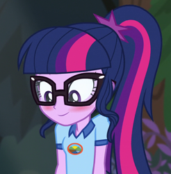 Size: 832x844 | Tagged: safe, derpibooru import, screencap, sci-twi, twilight sparkle, equestria girls, legend of everfree, blushing, camp everfree outfits, cropped, cute, female, solo, twiabetes