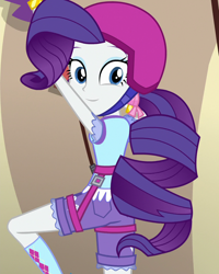 Size: 864x1080 | Tagged: safe, derpibooru import, edit, edited screencap, editor:mycarhasamoustache, screencap, rarity, equestria girls, legend of everfree, camp everfree outfits, cropped, female, harness, helmet, looking at you, smile edit, solo