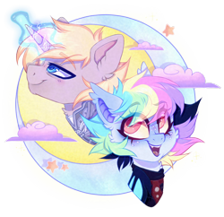 Size: 640x620 | Tagged: safe, artist:_spacemonkeyz_, derpibooru import, oc, oc only, oc:pidge, oc:summerset, bat pony, unicorn, cloud, dark brotherhood, magic, moon, simple background, stars, sun, transparent background