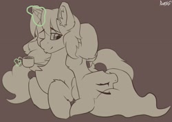 Size: 2048x1448 | Tagged: safe, artist:avery-valentine, derpibooru import, bat pony, unicorn, chest fluff, cup, eyes closed, female, floppy ears, magic, male, mare, simple background, sketch, stallion