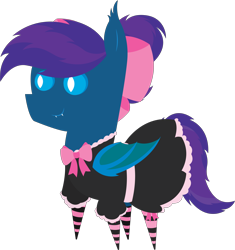 Size: 5699x6073 | Tagged: safe, artist:cosmiceclipsed, derpibooru exclusive, derpibooru import, oc, oc only, oc:stardust, oc:stardust(cosmiceclipse), bat pony, pony, bat pony oc, bat wings, bow, clothes, crossdressing, dress, ear fluff, eyeshadow, fangs, femboy, maid, makeup, male, membranous wings, pointy ponies, ponytail, simple background, slit eyes, socks, solo, stallion, striped socks, transparent background, wings