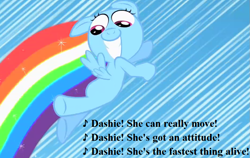 Size: 931x588 | Tagged: safe, derpibooru import, edit, edited screencap, screencap, rainbow dash, pegasus, pony, the cutie mark chronicles, cropped, cute, dashabetes, female, filly, filly rainbow dash, grin, lyrics, michael tavera, smiling, song reference, sonic rainboom, sonic satam, sonic the hedgehog (series), text, the fastest thing alive, younger