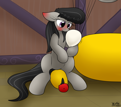 Size: 2244x1977 | Tagged: safe, artist:the-furry-railfan, derpibooru import, octavia melody, earth pony, pony, fanfic:a prim party planner's puffy predicament, balloon, blushing, ear blush, fanfic art, female, helium tank, indoors, sitting, solo, story included, this will end in balloons, vinyl and octavia's home