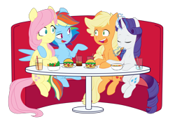 Size: 5068x3458 | Tagged: safe, artist:chub-wub, derpibooru import, applejack, fluttershy, rainbow dash, rarity, earth pony, pegasus, pony, unicorn, alternate hairstyle, bowl, burger, chest fluff, date, double date, drink, female, flutterdash, food, freckles, glass, glowing horn, hay burger, horn, hug, lesbian, lettuce, levitation, magic, mare, open mouth, plate, raised hoof, rarijack, salad, seat, shipping, simple background, soda, soup, spoon, straw, table, telekinesis, tomato, transparent background