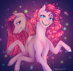 Size: 2386x2311 | Tagged: safe, artist:squishkitti, derpibooru import, pinkie pie, earth pony, pony, duality, mitosis, pinkamena diane pie, scowl, signature, smiling, starry backdrop