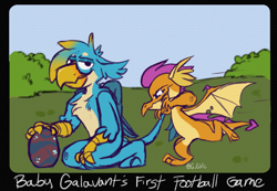 Size: 1907x1318 | Tagged: safe, artist:g-elric, derpibooru import, gallus, smolder, dragon, griffon, hybrid, bad parenting, charlie brown, crossover, don't kick the damn baby, dragoness, egg, female, interspecies offspring, kick the baby, male, offspring, parent:gallus, parent:smolder, parents:smollus, parody, shipping, smollus, straight, wings