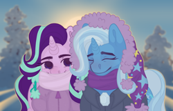 Size: 3543x2279 | Tagged: safe, artist:sam2up, derpibooru import, starlight glimmer, trixie, unicorn, clothes, female, high res, lesbian, mare, shipping, startrix, winter, winter outfit