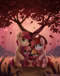 Size: 1500x1900 | Tagged: safe, artist:emeraldgalaxy, derpibooru import, apple bloom, applejack, big macintosh, bright mac, pear butter, earth pony, pony, accessory swap, apple family, baby, baby apple bloom, baby pony, chest fluff, colt, colt big macintosh, cowboy hat, cute, ear fluff, family, female, filly, filly applejack, floppy ears, flower, flower in hair, foal, hat, intertwined trees, leg fluff, looking at you, male, mare, open mouth, sitting, smiling, stallion, tree, younger