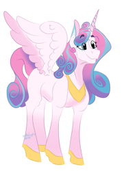 Size: 1194x1593 | Tagged: safe, artist:doodlebugdraws, derpibooru import, princess flurry heart, alicorn, blank flank, colored wings, colored wingtips, eye clipping through hair, female, hoof shoes, mare, older, older flurry heart, peytral, simple background, smiling, solo, spread wings, white background, wings