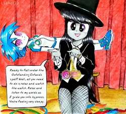 Size: 938x852 | Tagged: safe, artist:liaaqila, derpibooru import, dj pon-3, octavia melody, vinyl scratch, equestria girls, clothes, commission, cute, fourth wall, hat, hypnosis, hypnotist, hypnotized, levitated, levitation, magic, magician, magician outfit, pendulum swing, pocket watch, speech bubble, stage hypnosis, stage show, swirly eyes, talking, tavibetes, telekinesis, top hat, tuxedo, viewer, volunteer