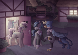 Size: 4960x3507 | Tagged: safe, artist:kikirdcz, derpibooru import, gallus, high tide (g4), sandbar, earth pony, griffon, pony, absurd resolution, clothes, commission, date, door, fanfic art, female, gallbar, gay, gay in front of girls, house, male, mother and child, mother and son, parent and child, ponyville, shipping, suit, well