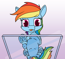 Size: 1400x1281 | Tagged: safe, artist:dacaoo, derpibooru import, rainbow dash, pegasus, pony, :p, behaving like a cat, belly, fluffy, frog (hoof), glass table, looking at you, lying down, ponyloaf, prone, sitting on glass, solo, tongue out, underhoof, worm's eye view