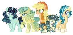 Size: 1280x626 | Tagged: safe, artist:pegasski, artist:sugarsong14, derpibooru import, applejack, coloratura, oc, oc:lemon sound, oc:perfect tone, oc:sweet apple crumb, earth pony, pony, unicorn, base used, family, female, filly, lesbian, magical lesbian spawn, mare, offspring, parent:applejack, parent:coloratura, parents:rarajack, race swap, rarajack, shipping, simple background, socks (coat marking), transparent background