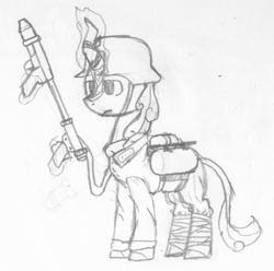 Size: 1806x1794 | Tagged: safe, artist:alexi148, derpibooru import, kirin, equestria at war mod, flamethrower, male, monochrome, sketch, soldier, solo, stallion, weapon