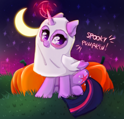 Size: 1006x960 | Tagged: safe, artist:meqiopeach, derpibooru import, twilight sparkle, twilight sparkle (alicorn), alicorn, pony, clothes, costume, cute, ghost costume, halloween, halloween costume, magic, night, pumpkin, solo, twiabetes