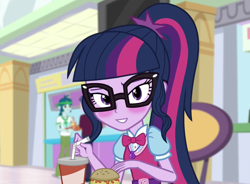 Size: 1446x1062 | Tagged: safe, derpibooru import, edit, edited screencap, editor:mycarhasamoustache, screencap, sci-twi, twilight sparkle, equestria girls, mirror magic, spoiler:eqg specials, blushing, cropped, cute, lidded eyes, looking at you, smile edit, solo, twiabetes