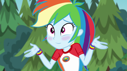 Size: 1920x1080 | Tagged: safe, derpibooru import, edit, edited screencap, editor:mycarhasamoustache, screencap, rainbow dash, equestria girls, legend of everfree, blushing, camp everfree outfits, cropped, cute, dashabetes, female, smile edit, solo