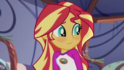 Size: 1920x1080 | Tagged: safe, derpibooru import, edit, edited screencap, editor:mycarhasamoustache, screencap, sunset shimmer, equestria girls, legend of everfree, blushing, camp everfree outfits, cropped, female, smile edit, solo