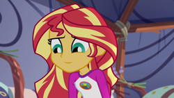 Size: 1920x1080 | Tagged: safe, derpibooru import, edit, edited screencap, editor:mycarhasamoustache, screencap, sunset shimmer, equestria girls, legend of everfree, camp everfree outfits, cropped, female, smile edit, solo