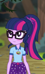 Size: 540x886 | Tagged: safe, derpibooru import, edit, edited screencap, editor:mycarhasamoustache, screencap, sci-twi, twilight sparkle, equestria girls, legend of everfree, blushing, camp everfree outfits, cropped, female, smile edit, solo