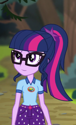 Size: 540x886 | Tagged: safe, derpibooru import, edit, edited screencap, editor:mycarhasamoustache, screencap, sci-twi, twilight sparkle, equestria girls, legend of everfree, camp everfree outfits, cropped, female, smile edit, solo