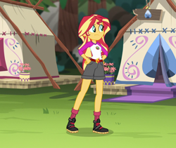 Size: 1060x896 | Tagged: safe, derpibooru import, screencap, sunset shimmer, equestria girls, legend of everfree, camp everfree outfits, cropped, female, full body, hands on hip, solo