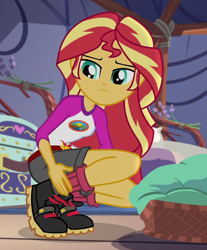Size: 772x934 | Tagged: safe, derpibooru import, screencap, sunset shimmer, equestria girls, legend of everfree, camp everfree outfits, cropped, crouching, female, solo