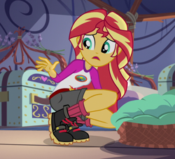 Size: 1078x976 | Tagged: safe, derpibooru import, screencap, sunset shimmer, equestria girls, legend of everfree, camp everfree outfits, clothes, cropped, crouching, female, sad, shorts, solo