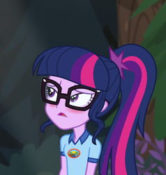 Size: 1000x1050 | Tagged: safe, derpibooru import, screencap, sci-twi, twilight sparkle, equestria girls, legend of everfree, blushing, camp everfree outfits, cropped, female, lidded eyes, solo